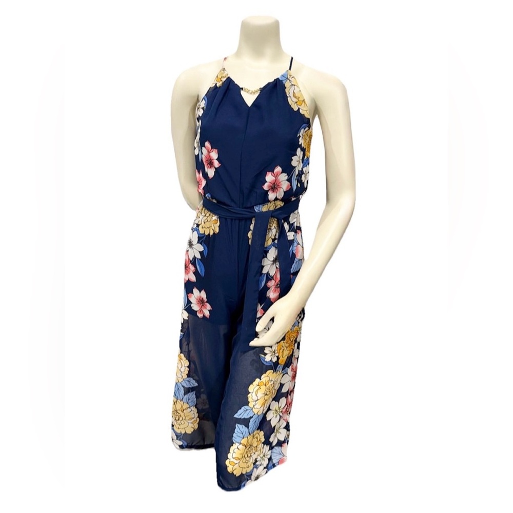 My Michelle Girl Floral Halter Jumpsuit Size L Navy Blue Wide Leg
